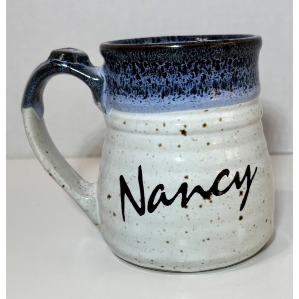 Nancy Stoneware Coffee Tea Souvenir Mug by Clay in Mind White Blue Gift